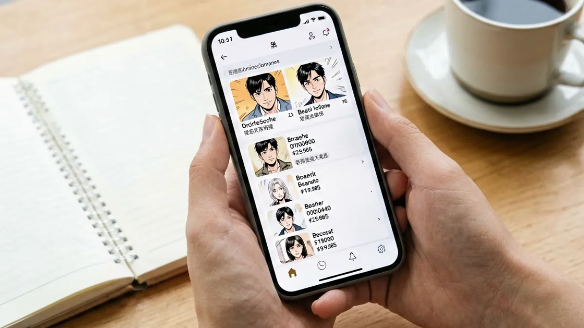 羞羞漫画新读者入门指南配图，展示一位读者在手机上翻阅条漫入门推荐列表的场景