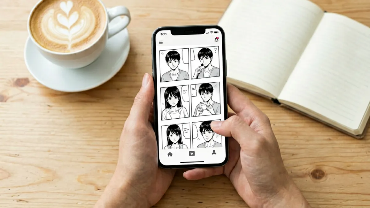 羞羞漫画平台读者在手机上滑动浏览热门漫画榜单的俯拍场景，背景是咖啡杯和笔记本