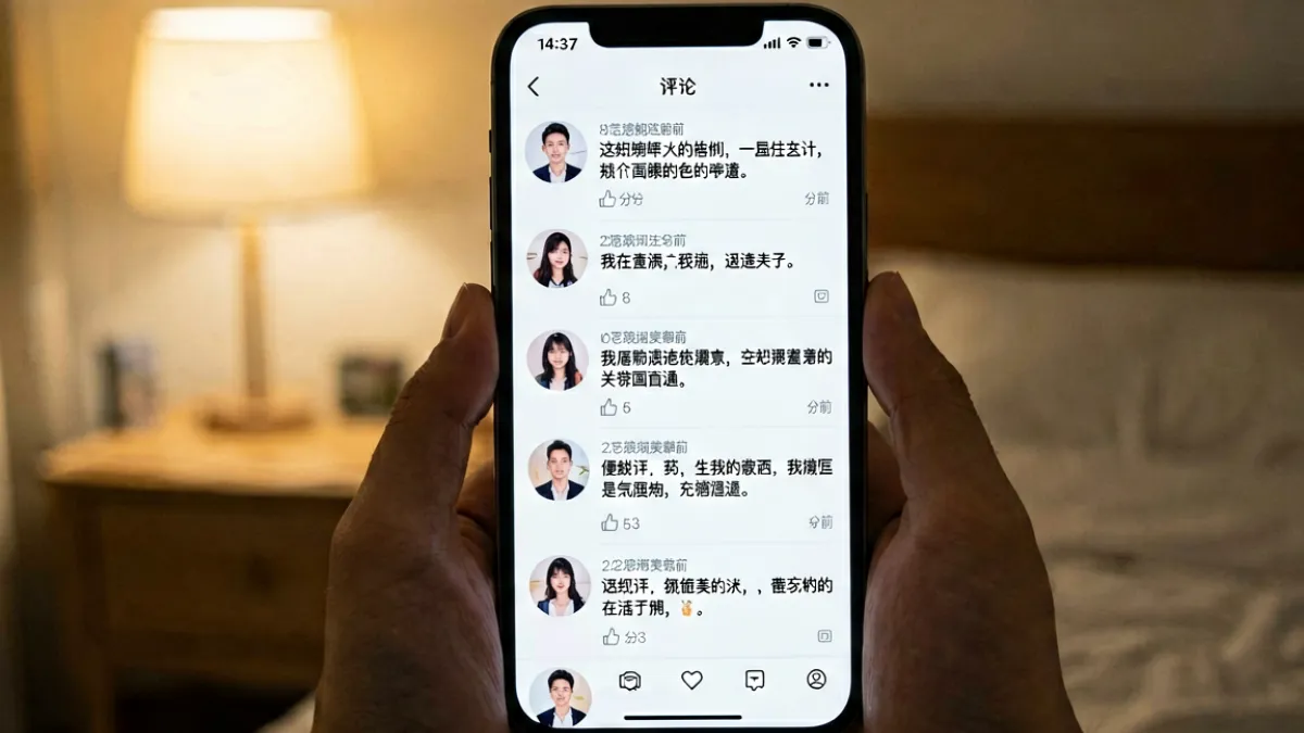 手机屏幕上展示羞羞漫画某部作品评论区画面，多条读者评论文字清晰可见，背景是夜晚卧室灯光