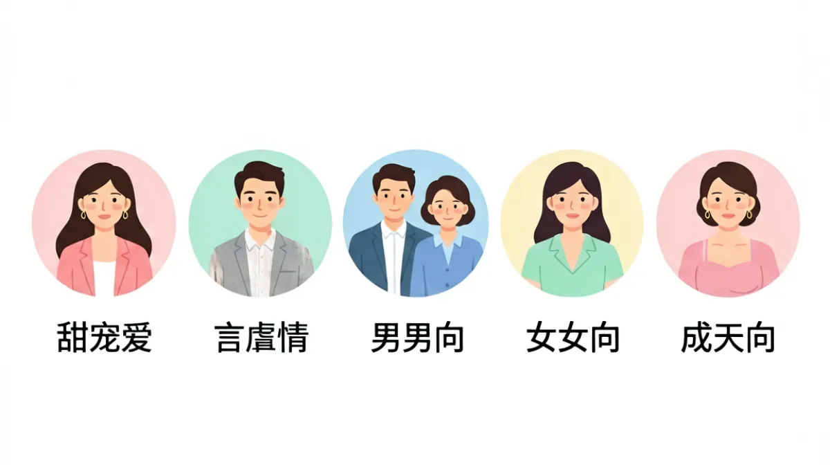 羞羞漫画五大类型分类示意图，用图标和简短说明区分甜宠、甜虐、BL、GL、成人向等类别