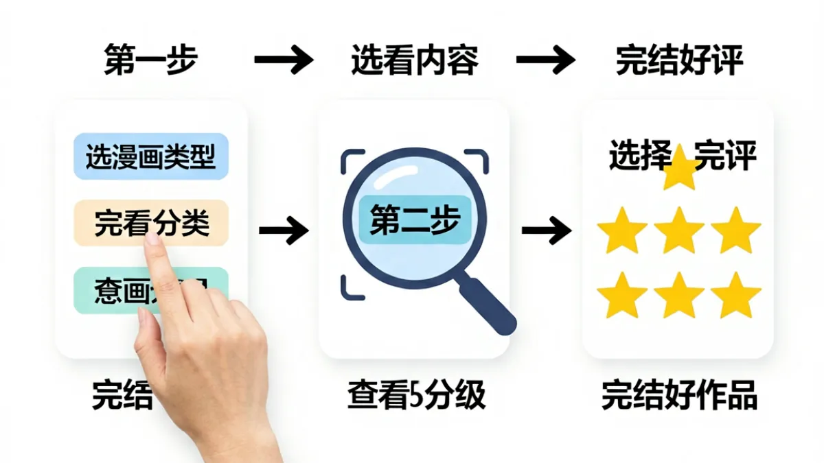 新手入门羞羞漫画的操作步骤示意图，展示从选类型到看标签再到选完结作品的三步流程